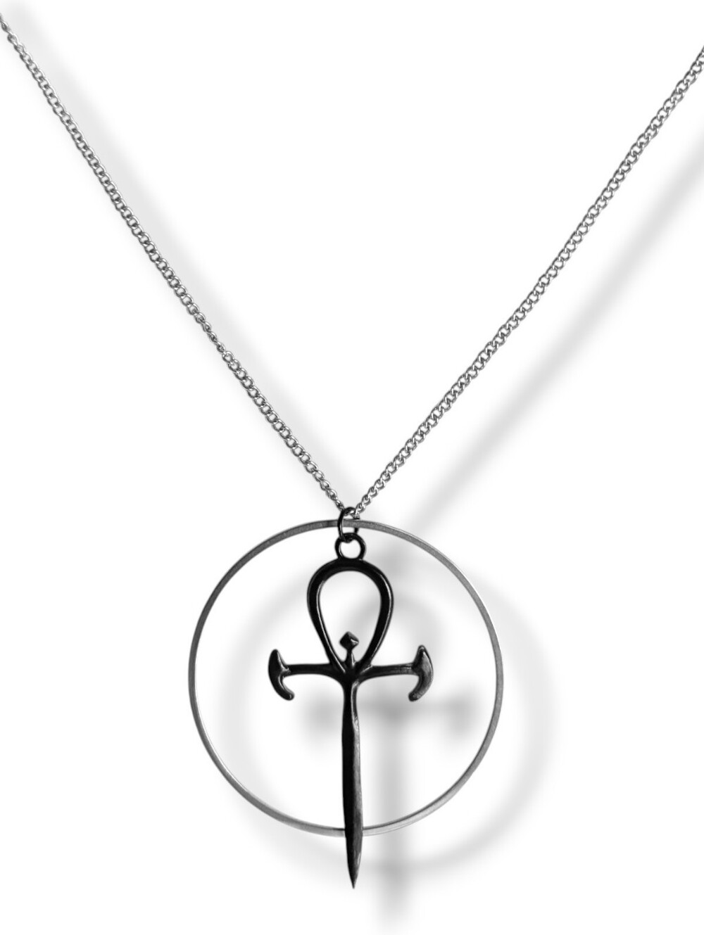 NWT Handmade Large Black Ankh Silver Hoop Layered Long Necklace